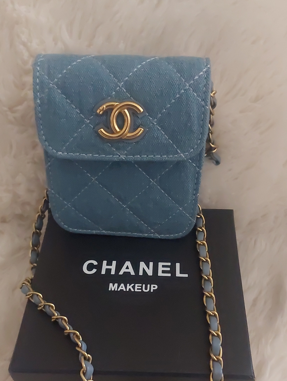 CC Denim  Quilted  Mini Crossbody Bag with Gold Chain - Picture 5 of 9